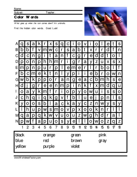 Color Word Search Worksheet