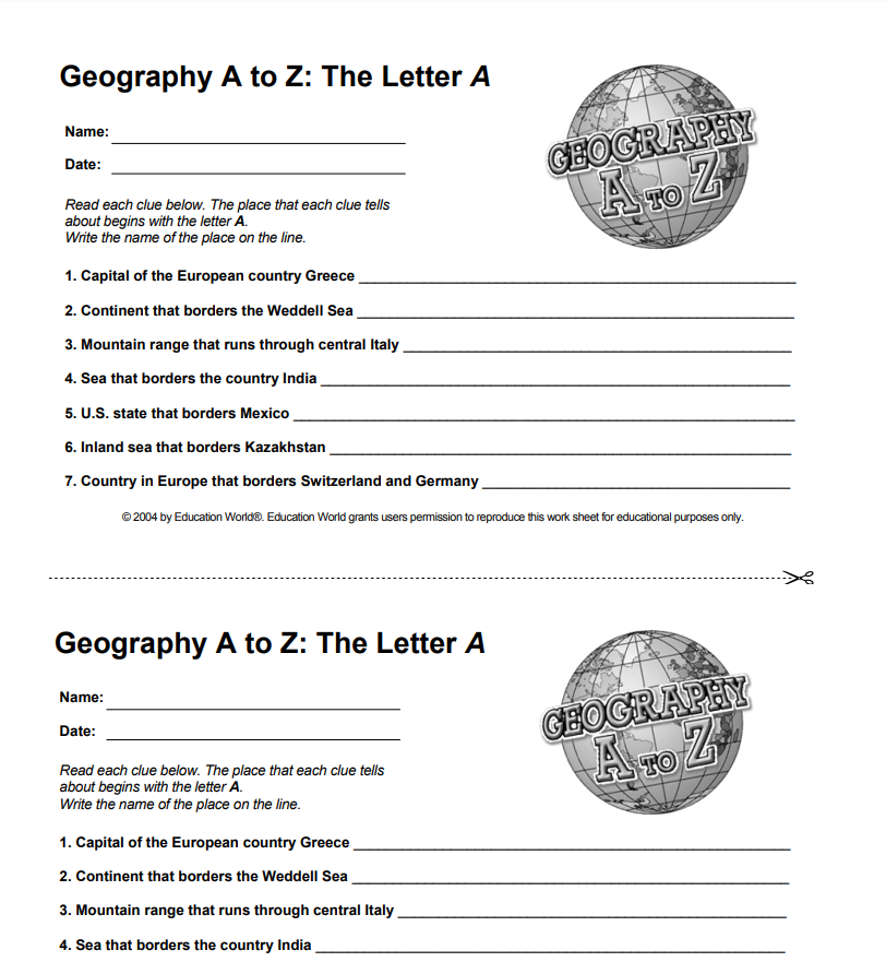 Geography A to Z: The Letter A Worksheet