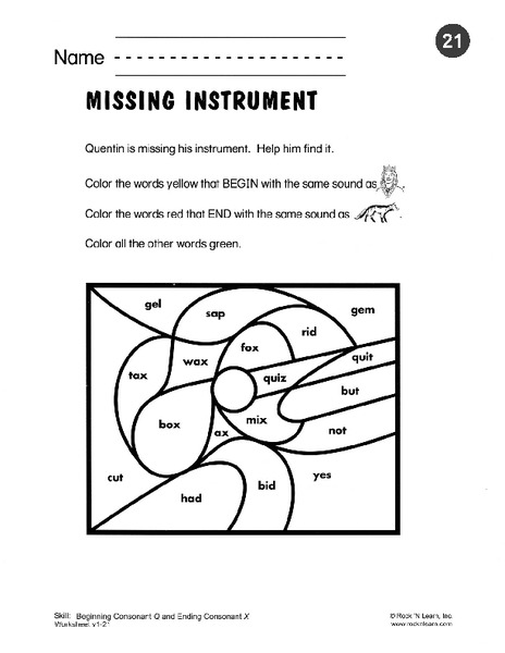 Missing Instrument Beginning Consonant G Ending Consonant X Worksheet