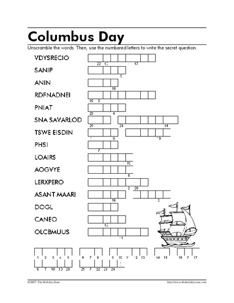 Columbus Day Word Scramble Worksheet