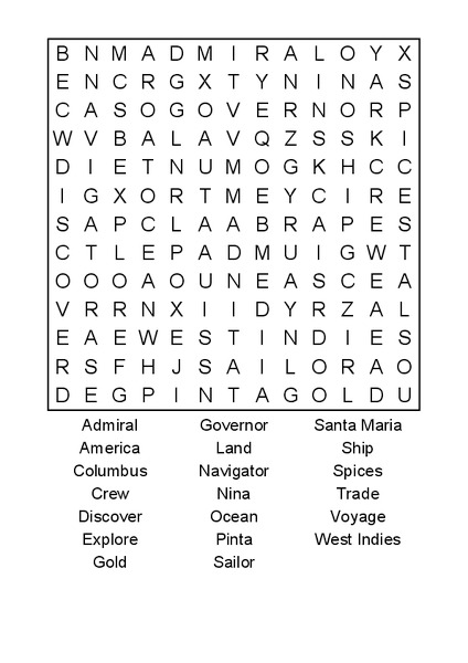 Columbus Day Word Search Worksheet