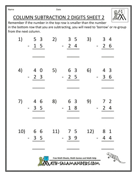 Column Subtraction 2 Digits Sheet 2 Worksheet