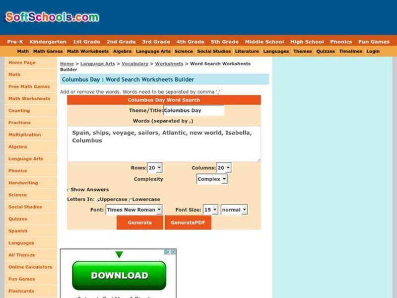 Columbus Day Word Search Worksheet