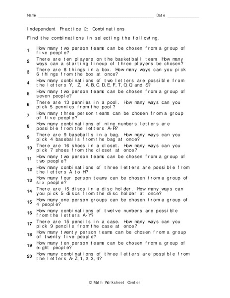Combinations Worksheet