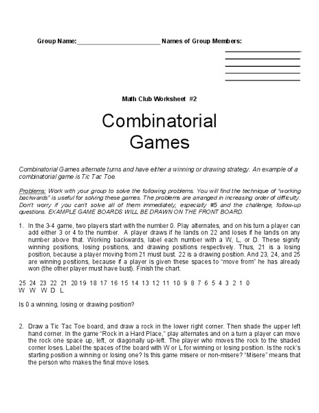 Combinatorial Games Worksheet