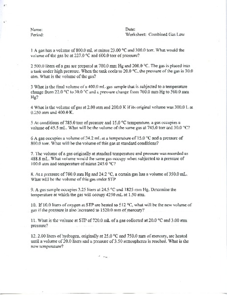 Combined Gas Law Worksheet
