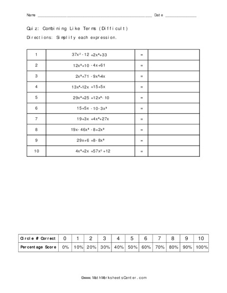 Combining Like Terms Worksheet