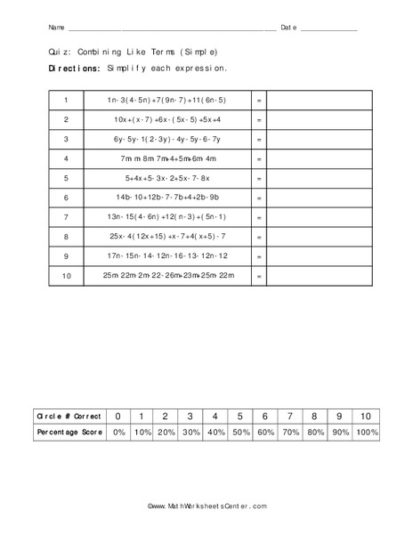 Combining Like Terms Worksheet