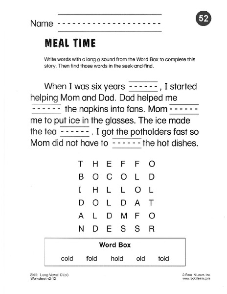 Meal Time, Long Vowel O (ol) Worksheet