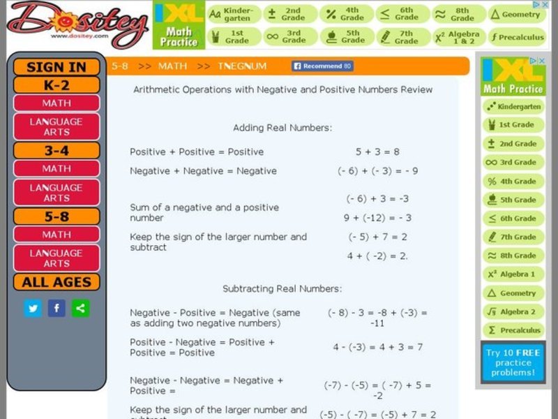 Arithmetic Operations with Negative and Positive Numbers Review Worksheet