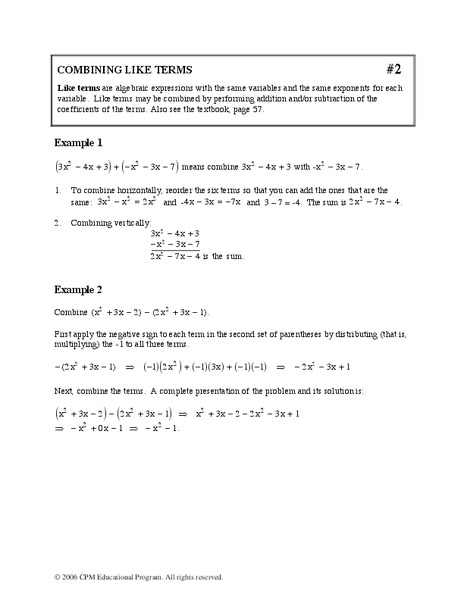 Combining Like Terms Worksheet
