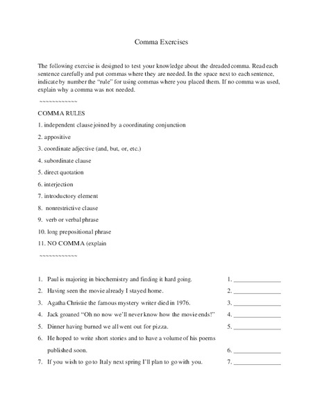 Comma Exercises Worksheet