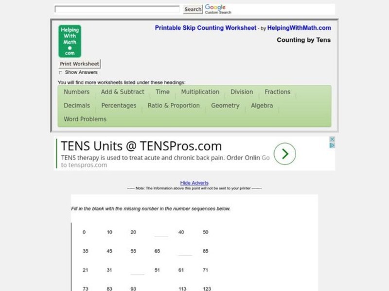 Missing Numbers Worksheet