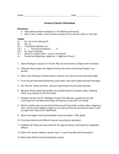 Comma Practice Worksheet  Worksheet