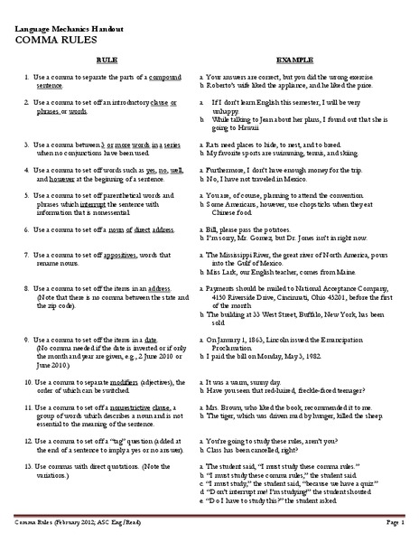 Comma Rules and Practice Handout