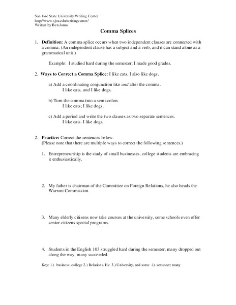 Comma Splices and Fused Sentences Handout