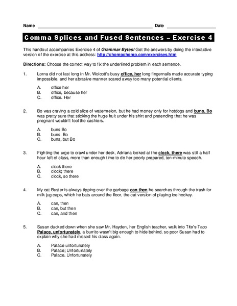 Comma Splices and Fused Sentences Worksheet