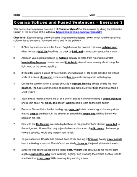 Comma Splices and Fused Sentences Worksheet