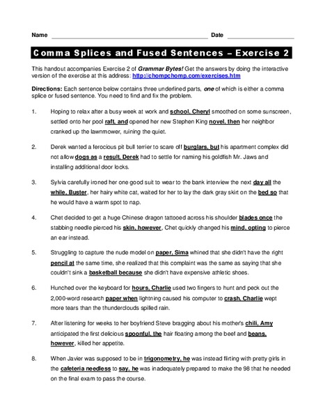 Comma Splices and Fused Sentences Worksheet