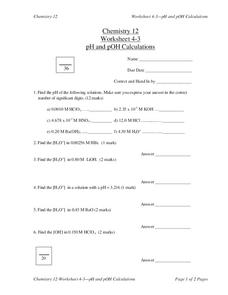 pH and pOH Calculations Worksheet