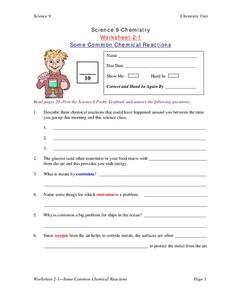 Some Common Chemical Reactions Worksheet