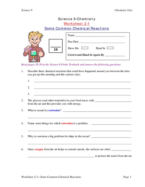 Some Common Chemical Reactions Worksheet