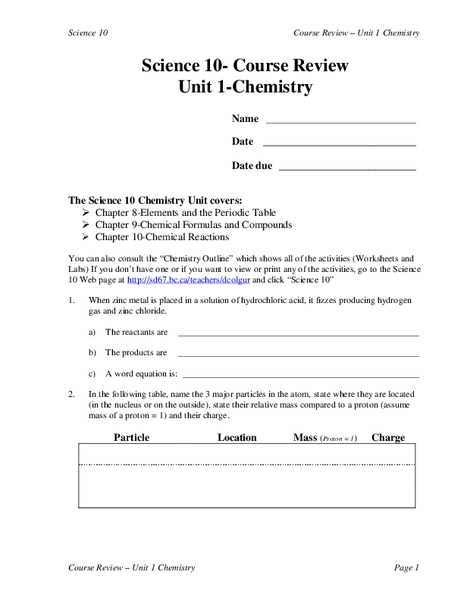 Chemistry - Science 10 Worksheet