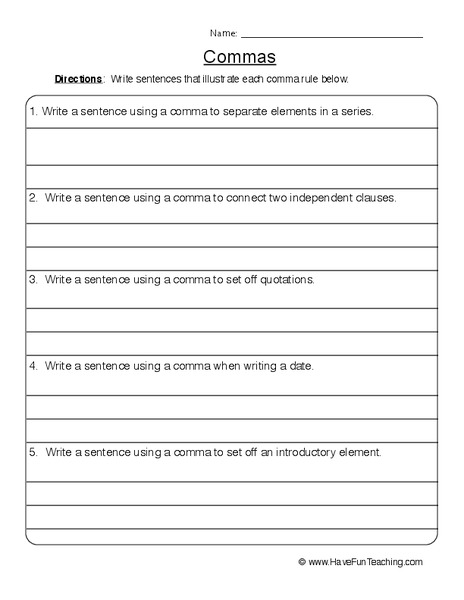 Commas Worksheet