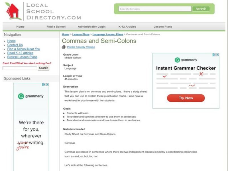 Commas and Semi-Colons Lesson Plan