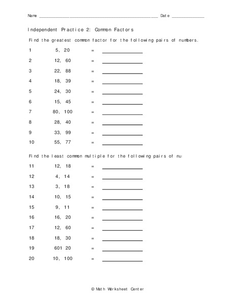Common Factors Worksheet