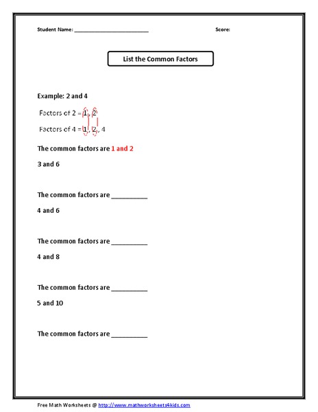 Common Factors Worksheet