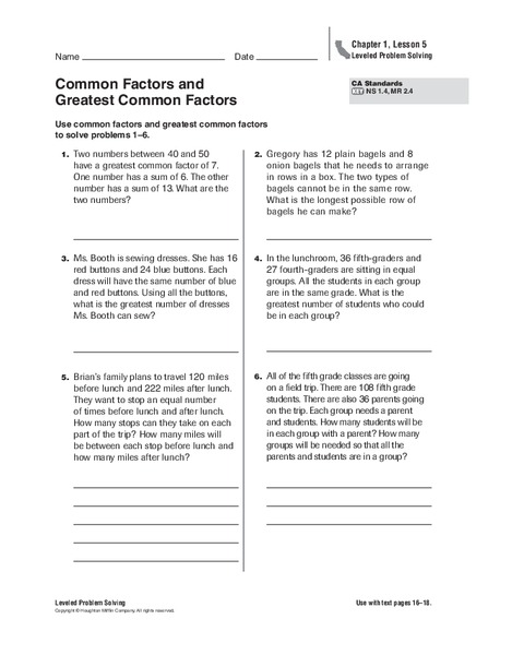Common Factors and Greatest Common Factors Worksheet