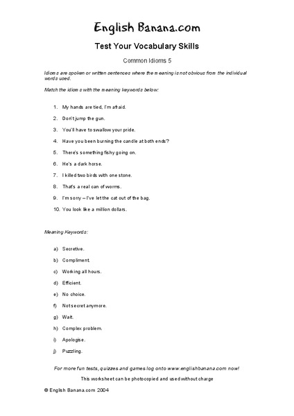 Common Idioms 5 Worksheet