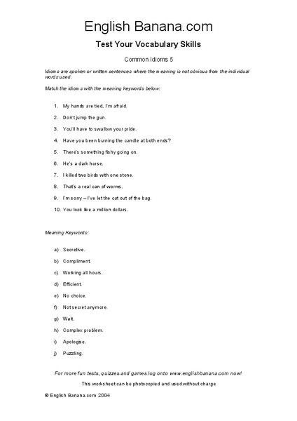 Common Idioms 5 Worksheet