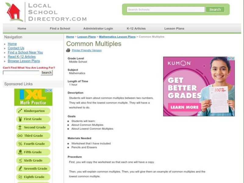 Common Multiples Lesson Plan