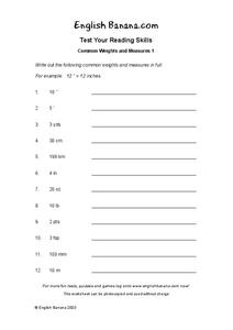 Common Weights and Measures 1 Worksheet