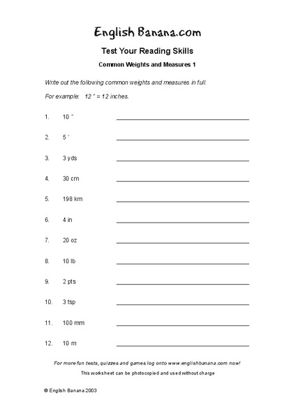Common Weights and Measures 1 Worksheet
