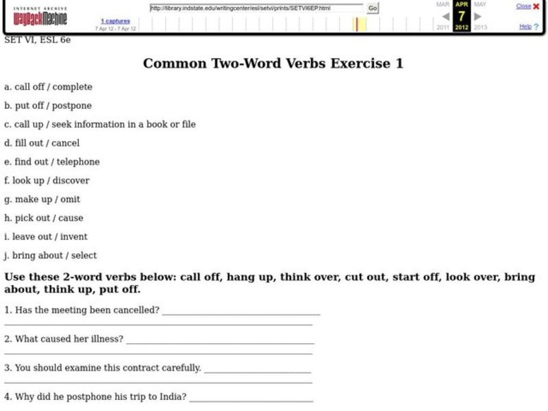 Common Two-Word Verbs Exercise 1 Worksheet