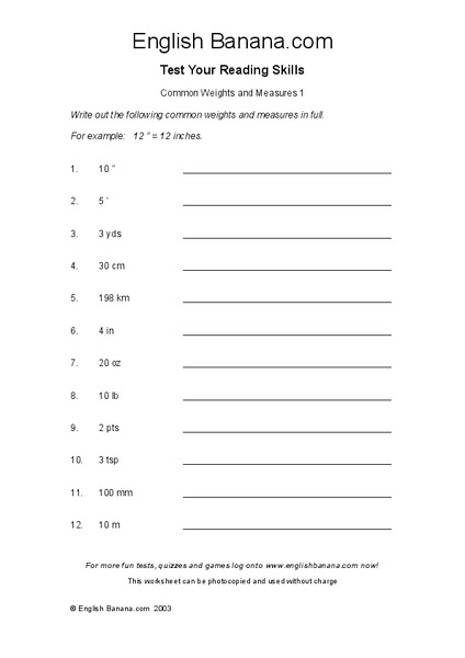 Common Weights and Measures 1 Worksheet