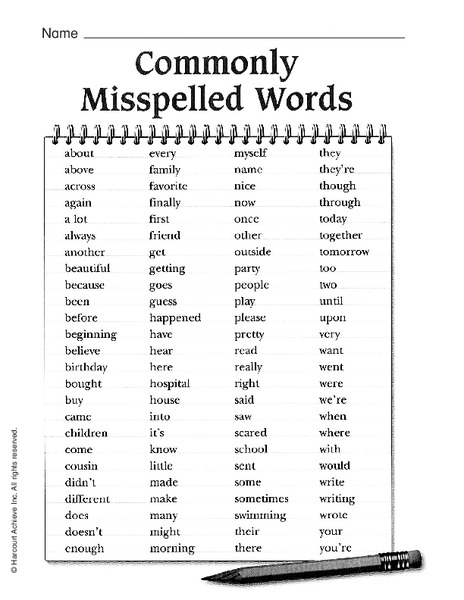 Commonly Misspelled Words Worksheet