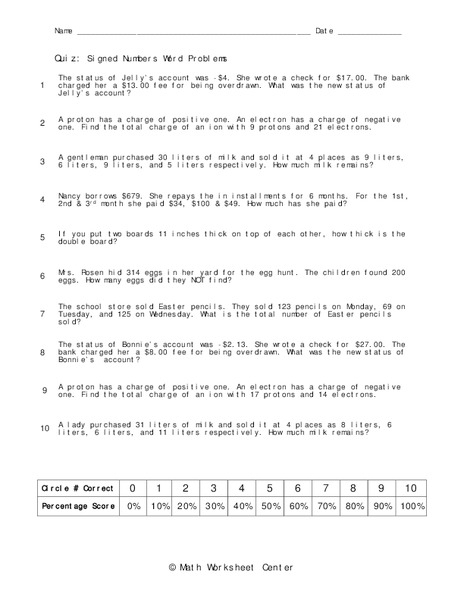Signed Numbers Word Problems Worksheet