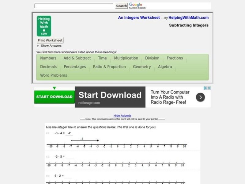 Subtracting Integers Worksheet