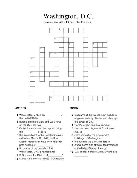 Washington, D. C.:  Crossword Puzzle Worksheet