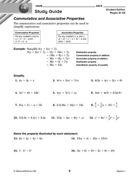 Commutative and Associative Properties Worksheet
