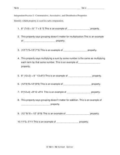 Commutative, Associative, and Distributive Properties Worksheet