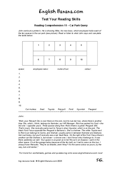 Company Parking Lot Worksheet
