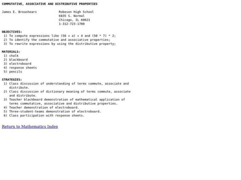 Commutative, Associative, and Distributive Properties Lesson Plan