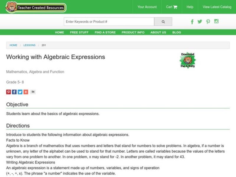 Working with Algebraic Expressions Lesson Plan