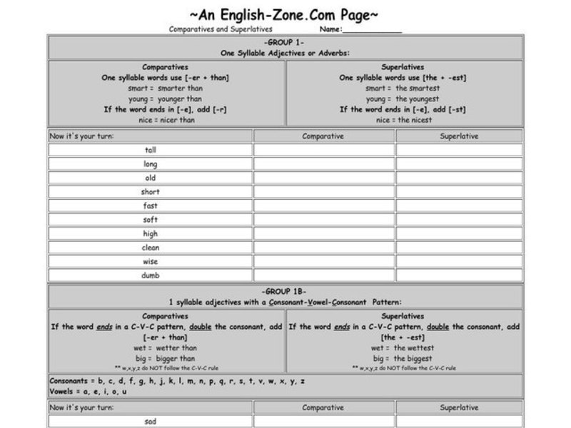 Comparatives and Superlatives Worksheet