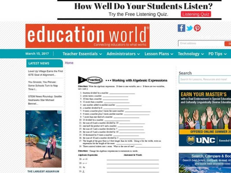 Working With Algebraic Expressions Lesson Plan